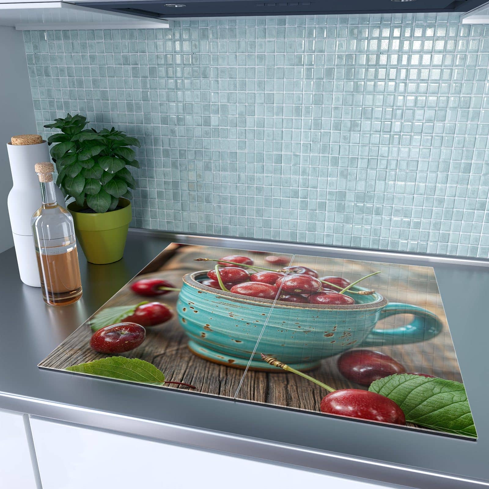 2-teilige Herdabdeckplatten aus Glas mit Tasse mit Kirschen-Motiv auf dem Ceranfeld