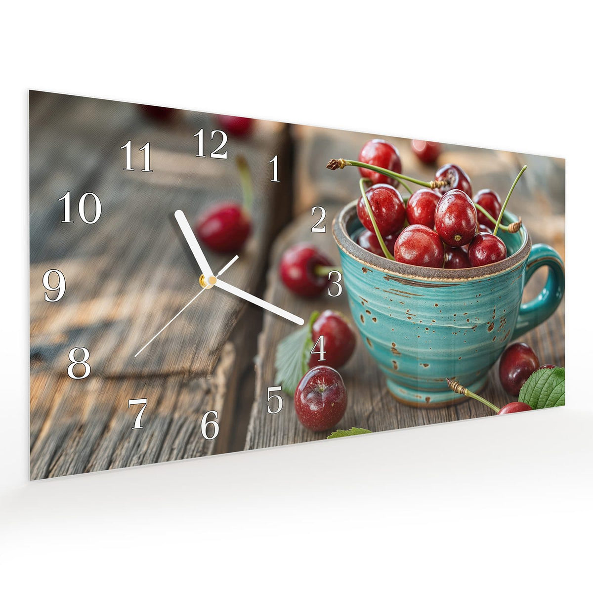 Vormontiert – mit Schwebeeffekt – Wanduhr Tasse mit Kirschen aus Glas – Querformat 60 × 30 cm