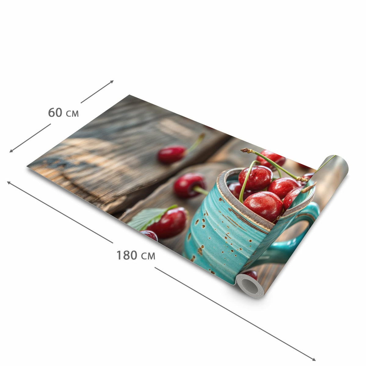 Langlebiger waschbarer Küchenteppich mit Motiv Tasse mit Kirschen in der Größe 60x120 cm