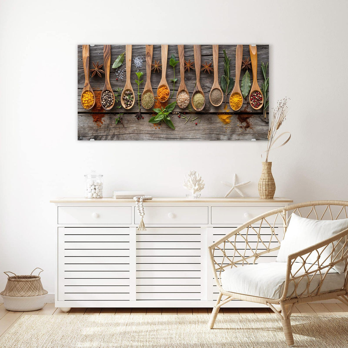 Echtglas, 4 mm – kein Acryl, keine Folie – Wandbild - Gewürzlöffel auf Holz - Querformat