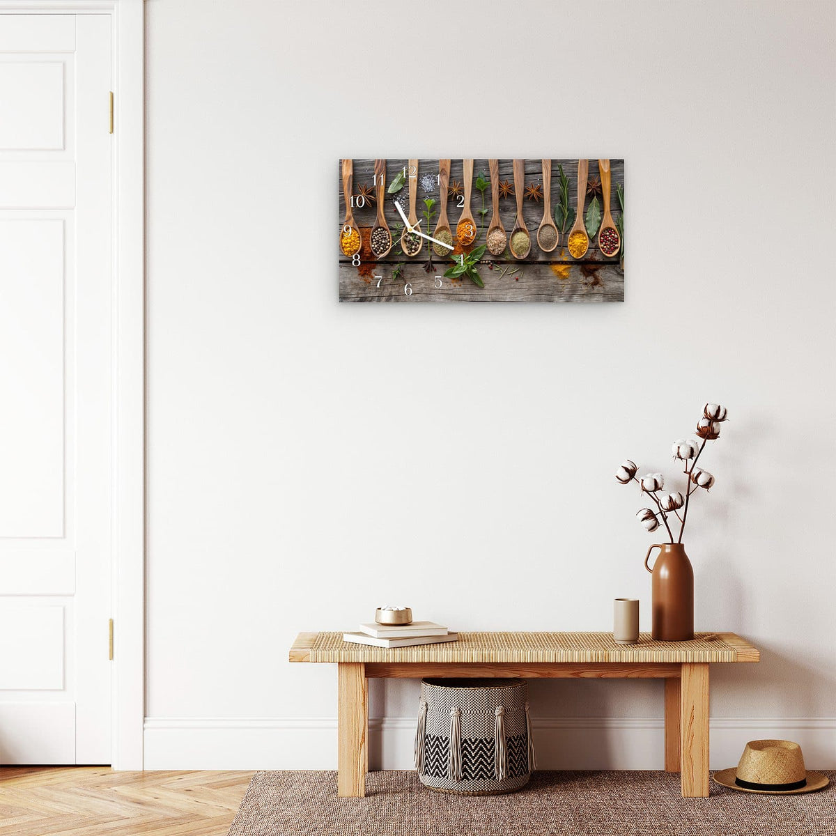 Moderne Wanduhr aus Glas mit Farbtiefe – Wanduhr Sanfte Küchengewürze aus Glas – Querformat 60 × 30 cm