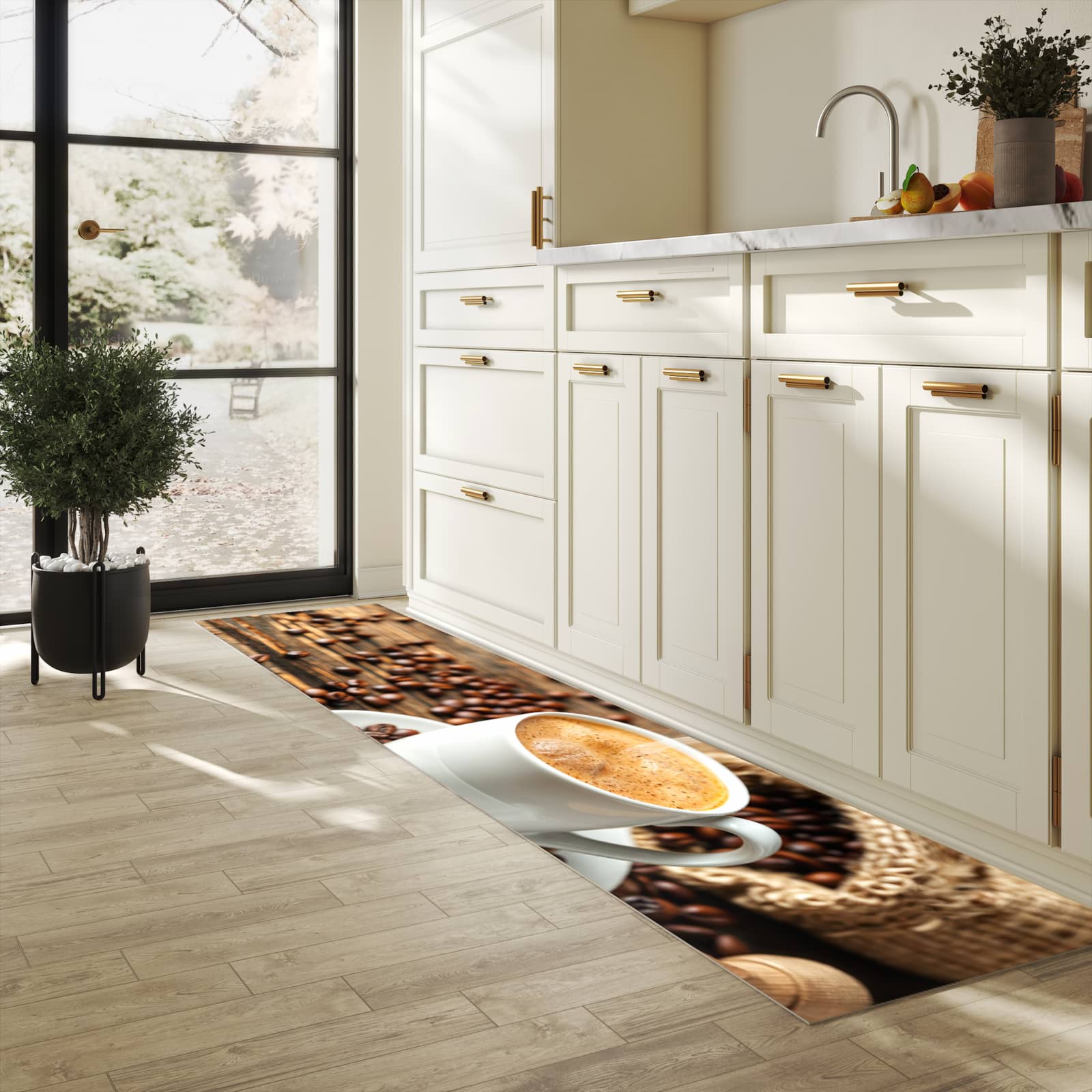 Schmutzabweisender moderner Küchenläufer mit Motiv Kaffee Geniessen in heller Küche