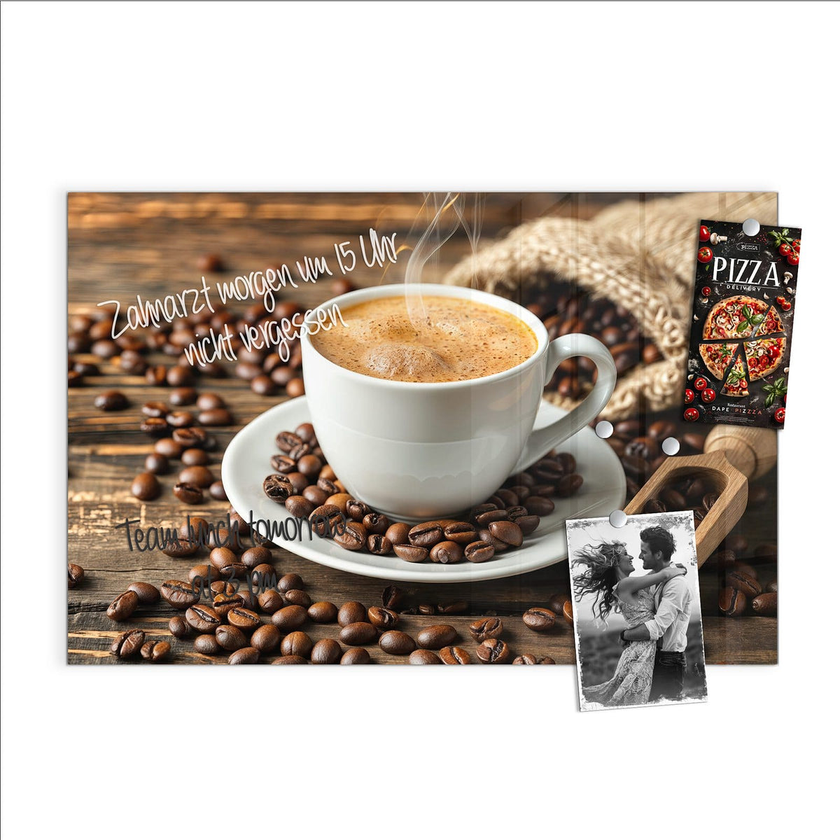 Beschreiben, abwischen, anheften – Magnettafel - Kaffee mit Holzschaufel