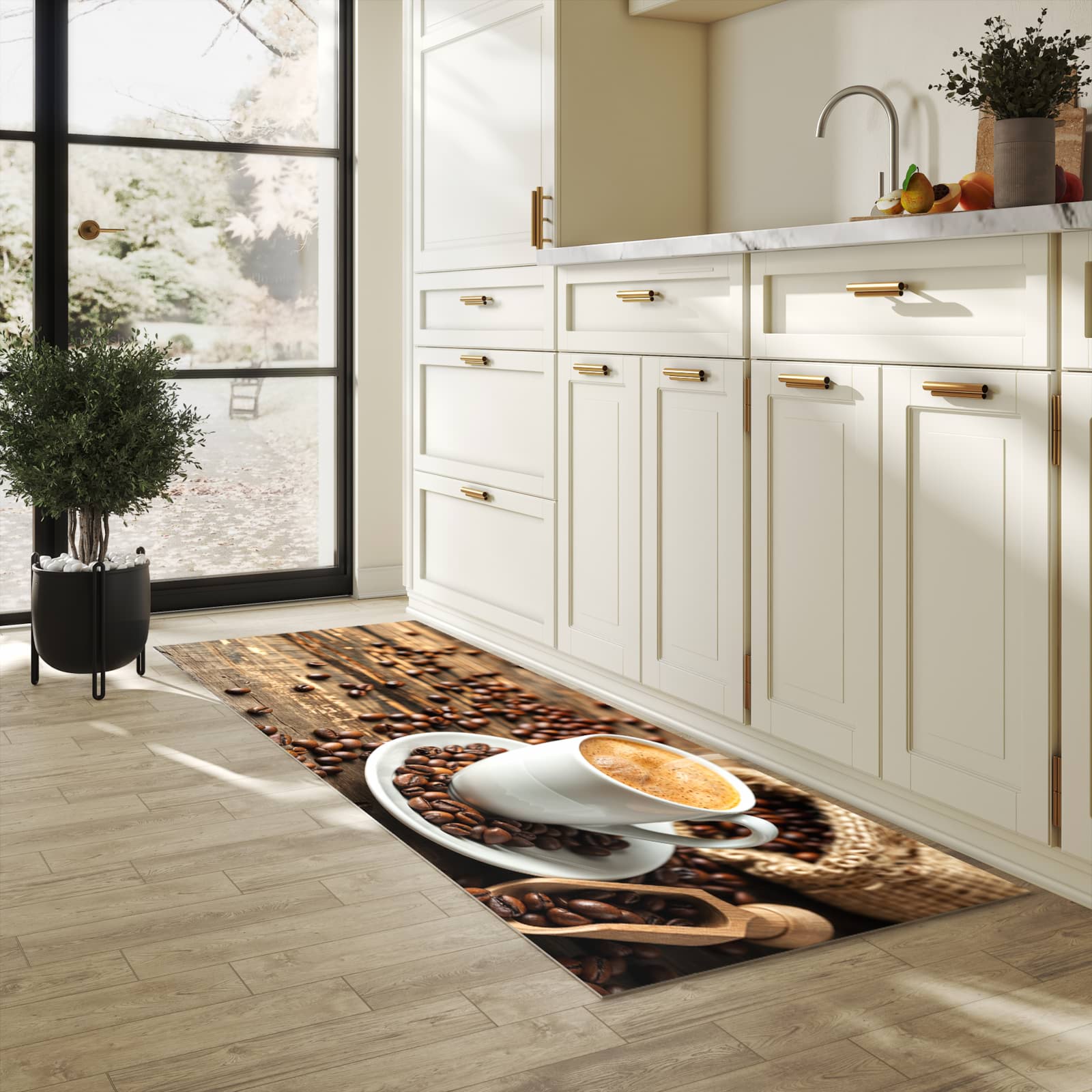 Flacher moderner Küchenläufer mit Motiv Kaffee Geniessen in heller Küche