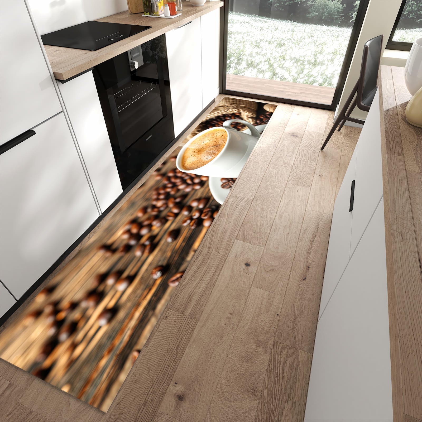 Rutschfester Küchenläufer mit Motiv Kaffee Geniessen in moderner Küche