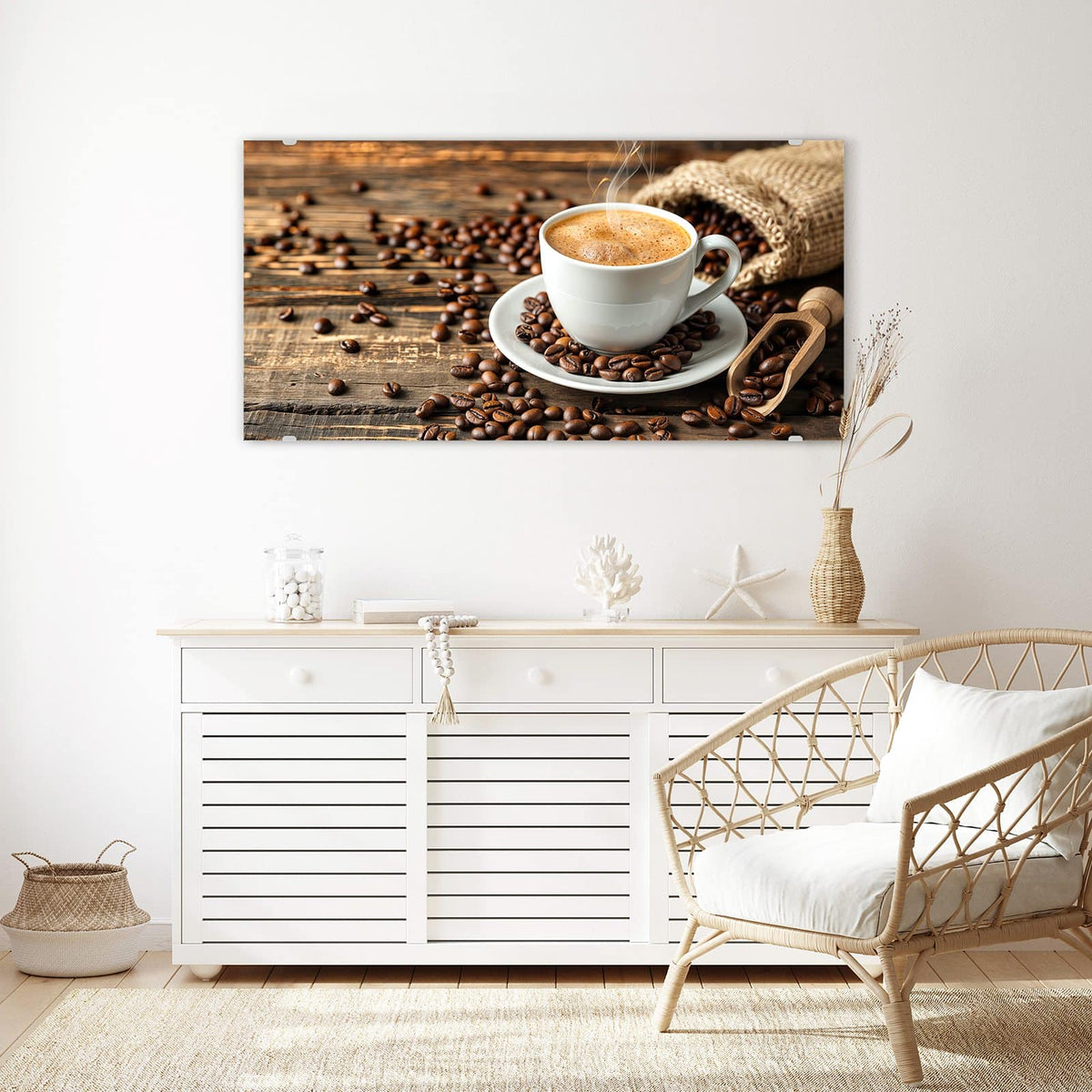 Echtglas, 4 mm – kein Acryl, keine Folie – Wandbild - Kaffee mit Holzschaufel - Querformat