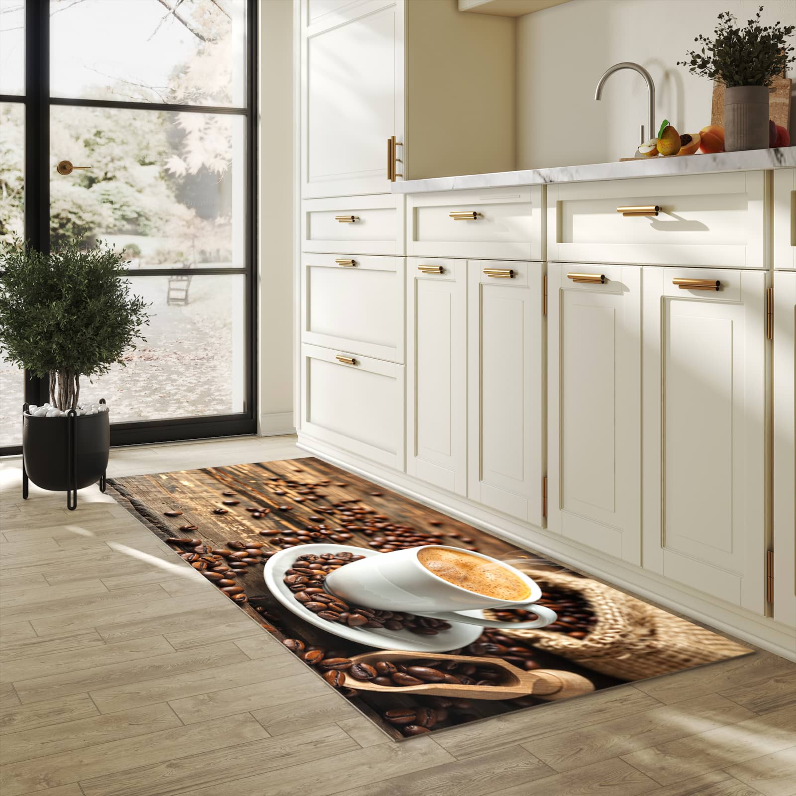 Pflegeleichter Küchenteppich mit Motiv Kaffee Geniessen in heller Küche