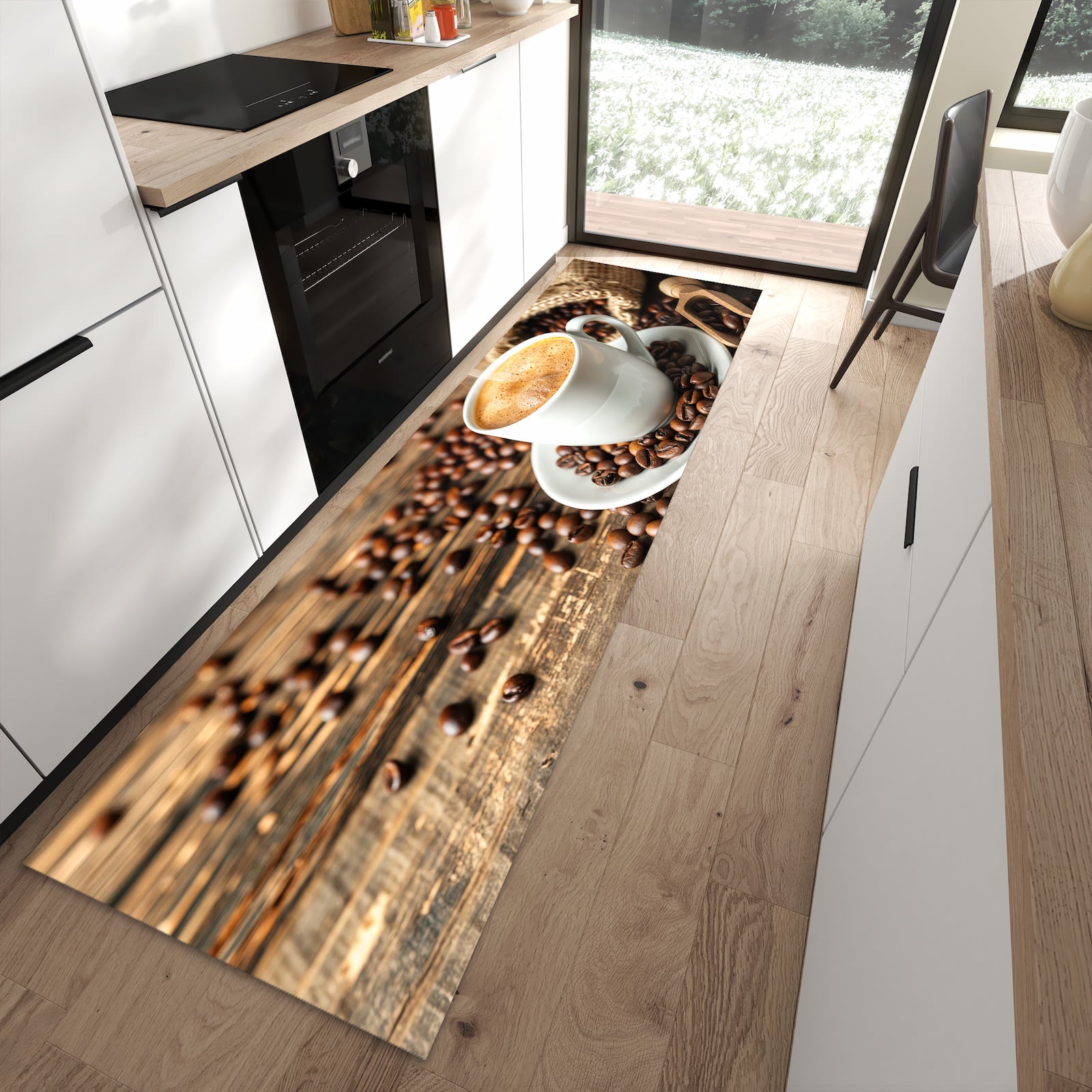 Strapazierfähiger Küchenläufer mit Motiv Kaffee Geniessen in moderner Küche