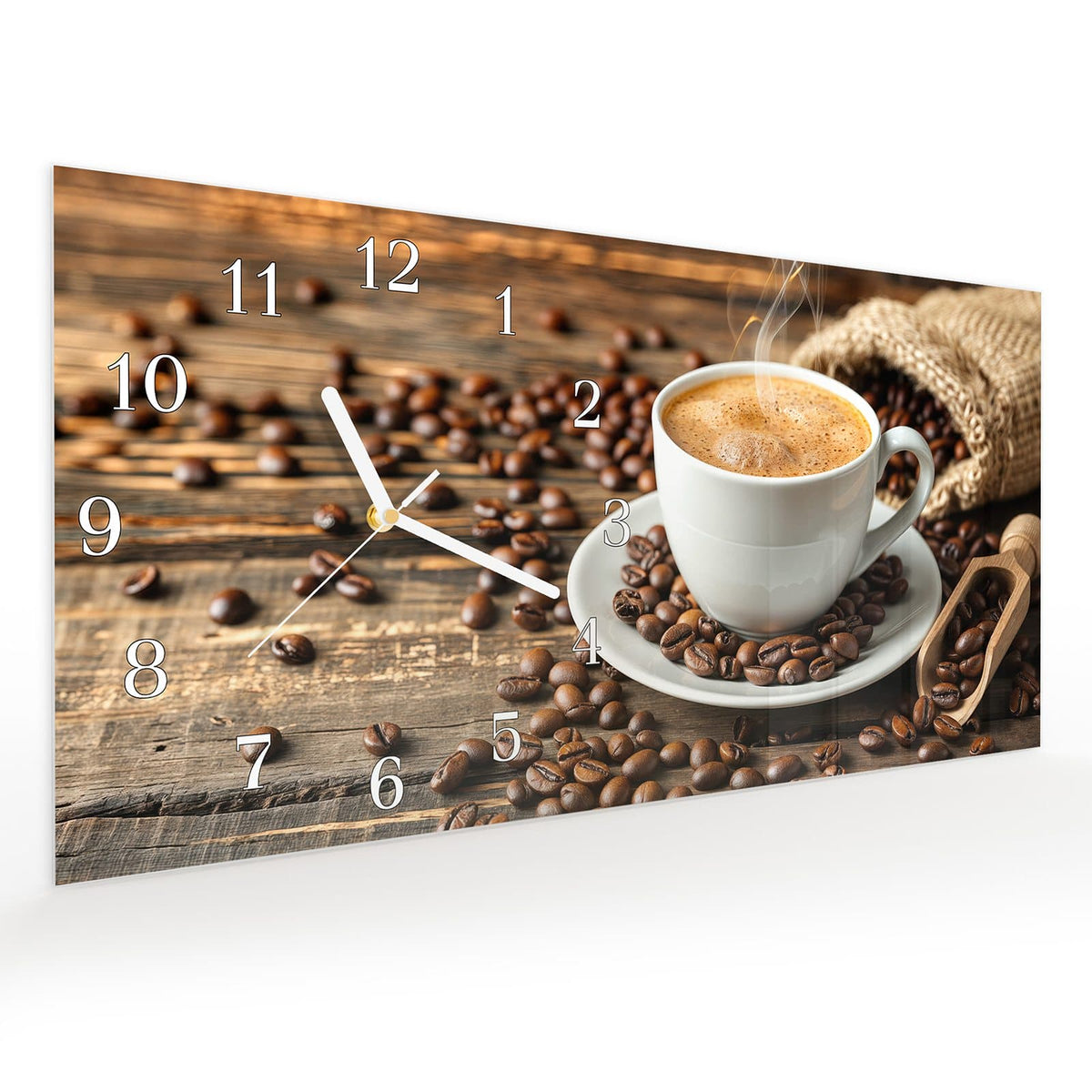 Vormontiert – mit Schwebeeffekt – Wanduhr Kaffee Geniessen aus Glas – Querformat 60 × 30 cm