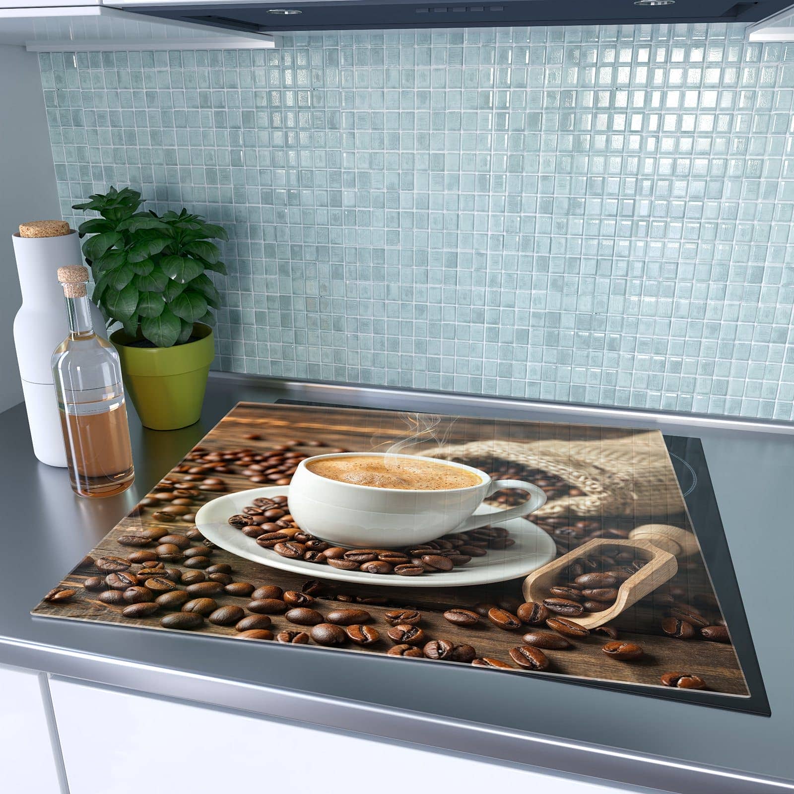 1-teilige Abdeckung für Herdplatten mit Kaffee Geniessen-Motiv auf dem Ceranfeld