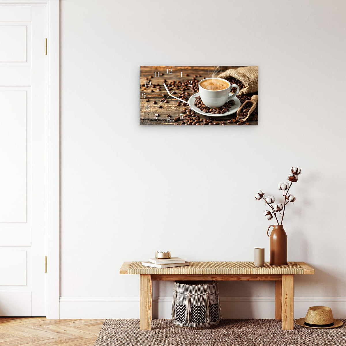 Moderne Wanduhr aus Glas mit Farbtiefe – Wanduhr Kaffee Geniessen aus Glas – Querformat 60 × 30 cm