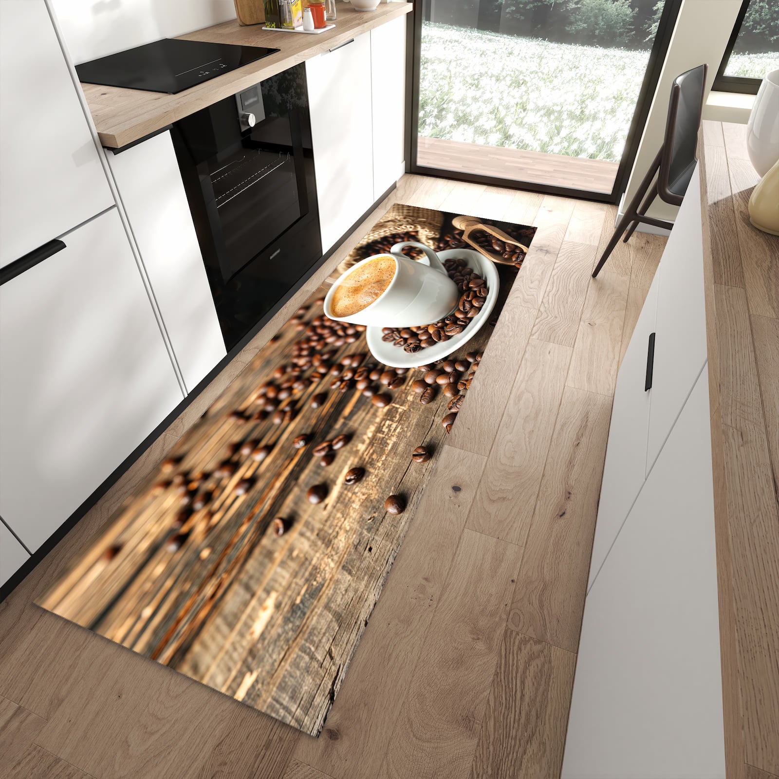 Hygienischer Küchenteppich mit Motiv Kaffee Geniessen in moderner Küche - waschbar