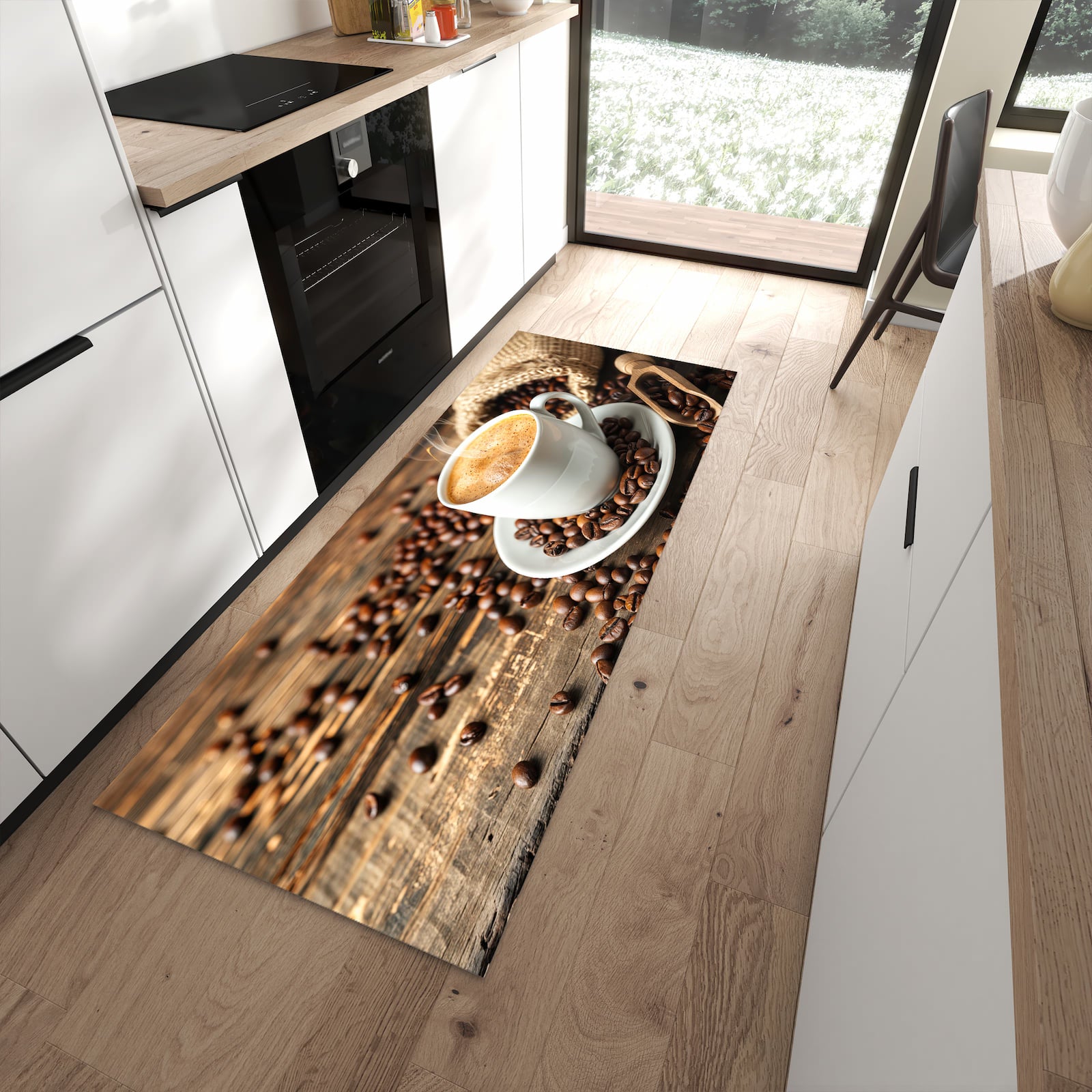 Küchenvorleger mit Motiv Kaffee Geniessen für angenehme Haptik in moderner Küche