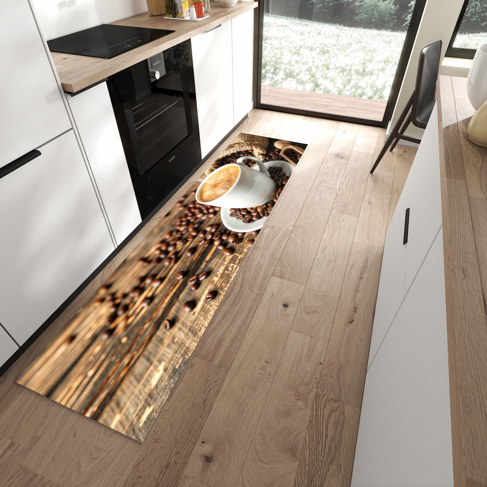 Pflegeleichter Läufer für die Küche mit Motiv Kaffee Geniessen in moderner Küche