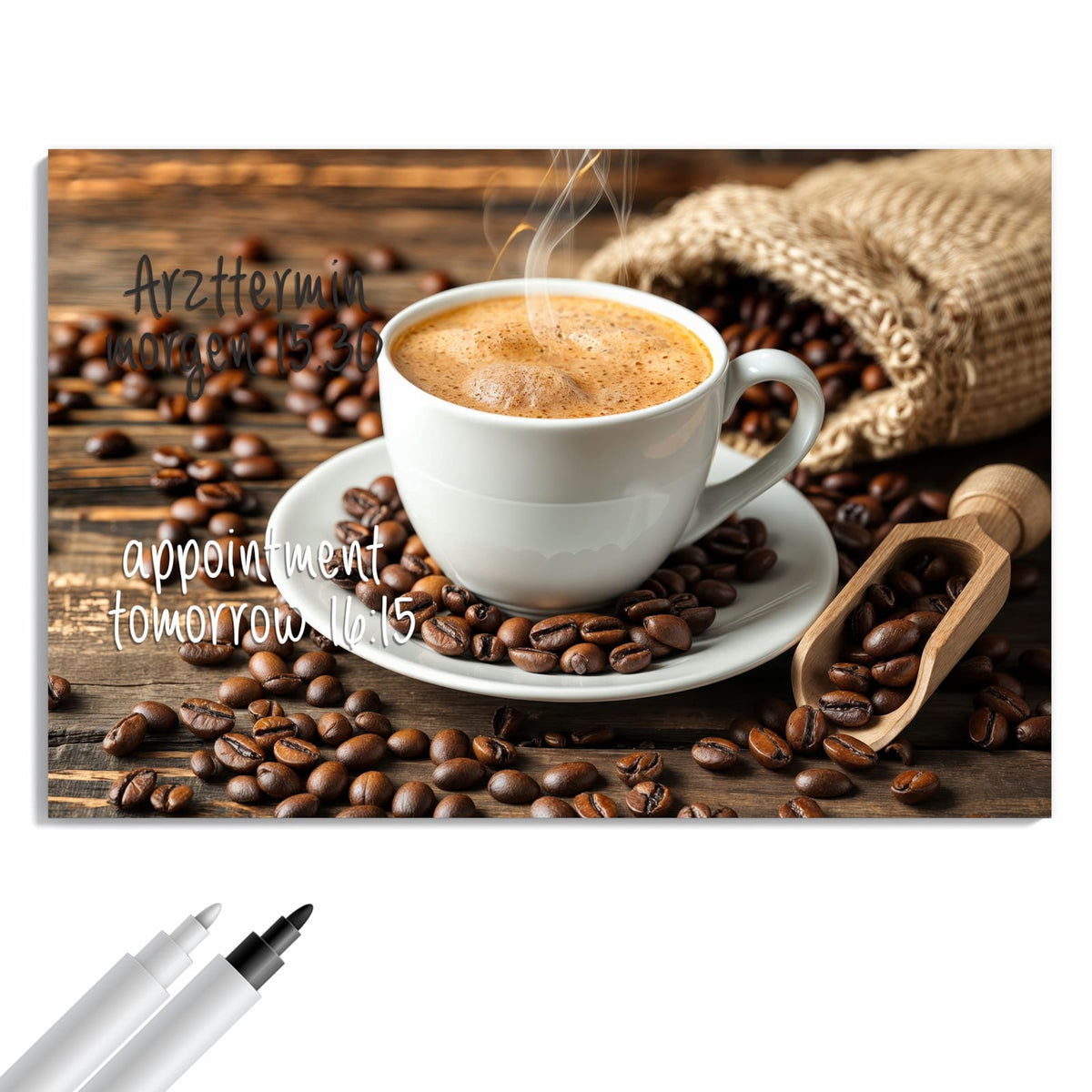 Beschreiben, abwischen, anheften – Metall Magnettafel - Kaffee mit Holzschaufel