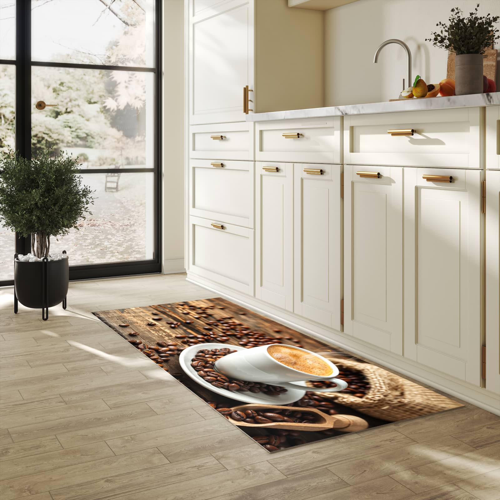 Langlebiger, waschbarer Küchenläufer mit Motiv Kaffee Geniessen in heller Küche