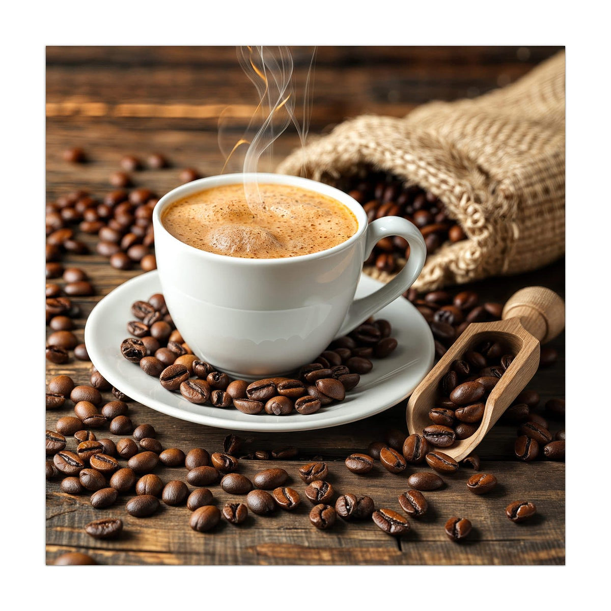 Küchenrückwand aus Glas Kaffee mit Holzschaufel im quadratischen Format, Motiv bildfüllend von vorn