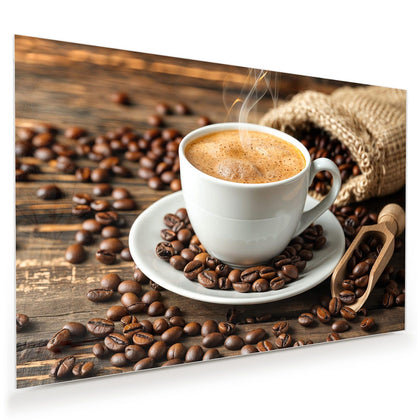 Wandbild mit dem Motiv Kaffee mit Holzschaufel