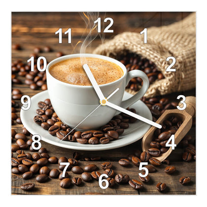 Wanduhr Quadratisch mit dem Motiv Kaffee mit Holzschaufel