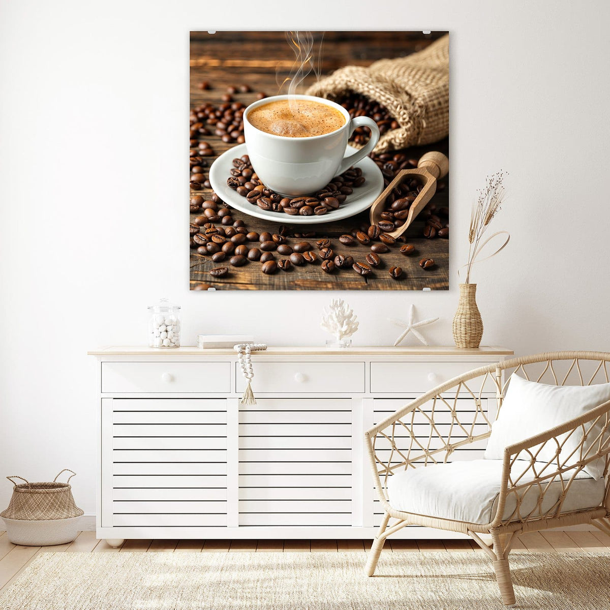 Echtglas, 4 mm – kein Acryl, keine Folie – Wandbild - Kaffee mit Holzschaufel - Quadratisch