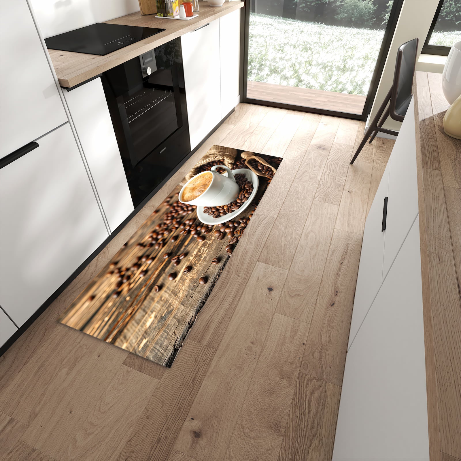 Flacher Küchenteppich mit Motiv Kaffee Geniessen in moderner Küche