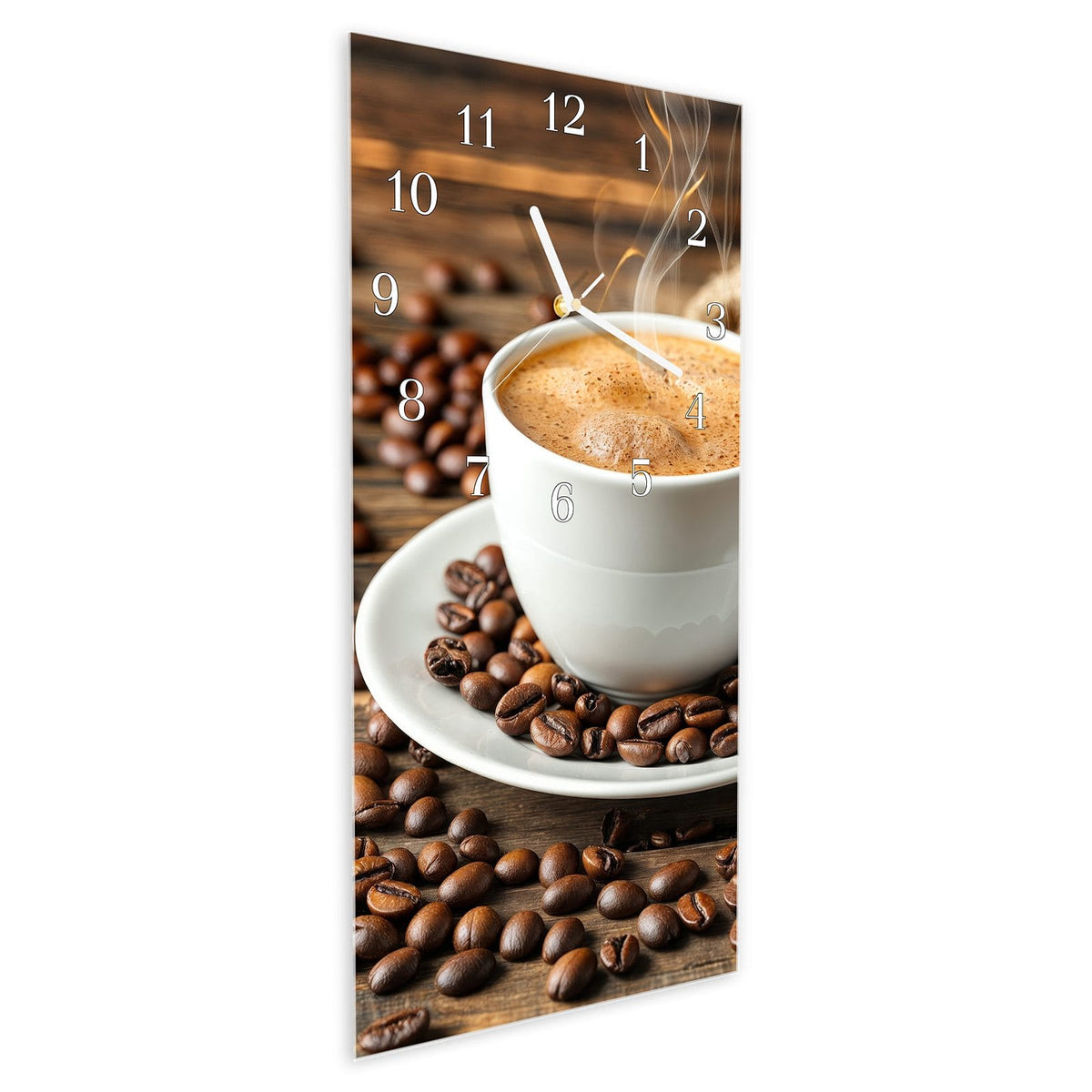 Vormontiert – mit Schwebeeffekt – Wanduhr Kaffee Geniessen aus Glas – Hochformat 30 × 60 cm
