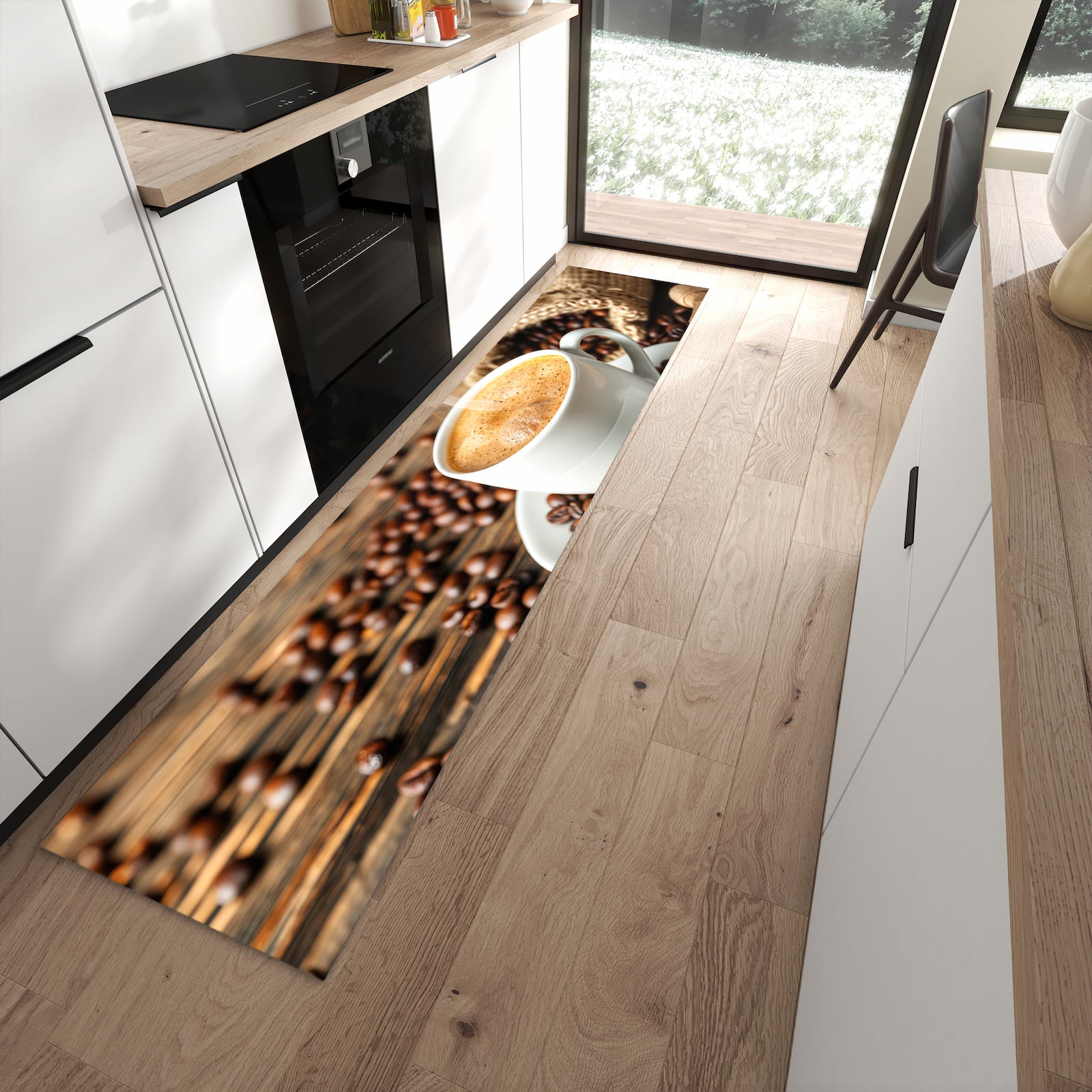 Komfortabler Küchenläufer mit Motiv Kaffee Geniessen in moderner Küche