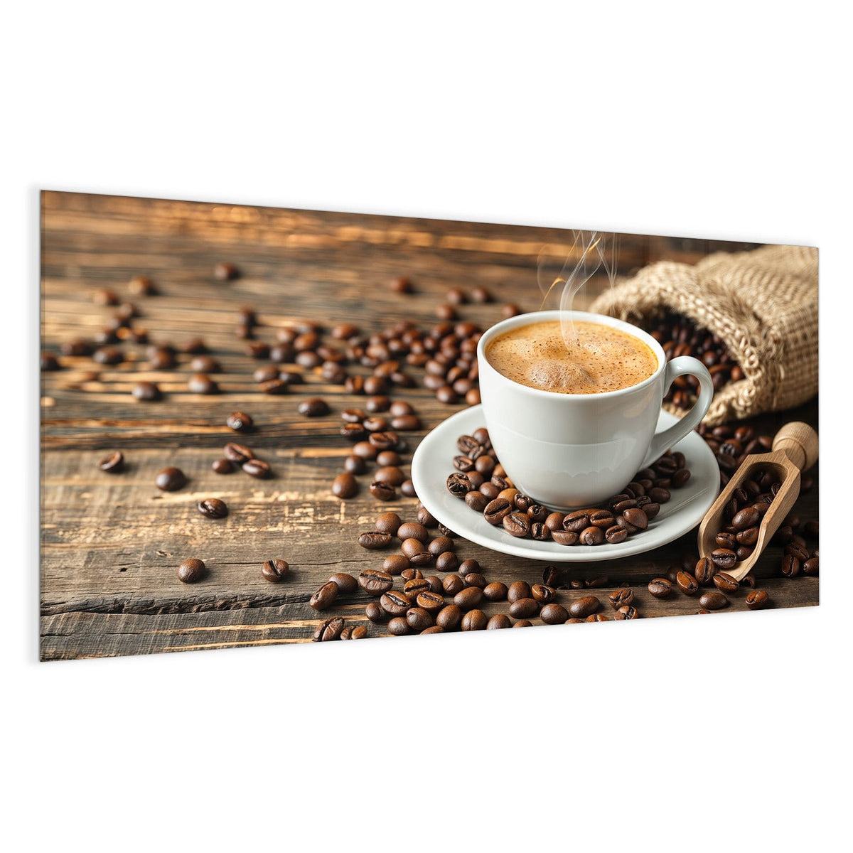 Dampfende weiße Tasse auf Untertasse, verstreute Bohnen, Jutesack und Holzschaufel auf dunklem Holz