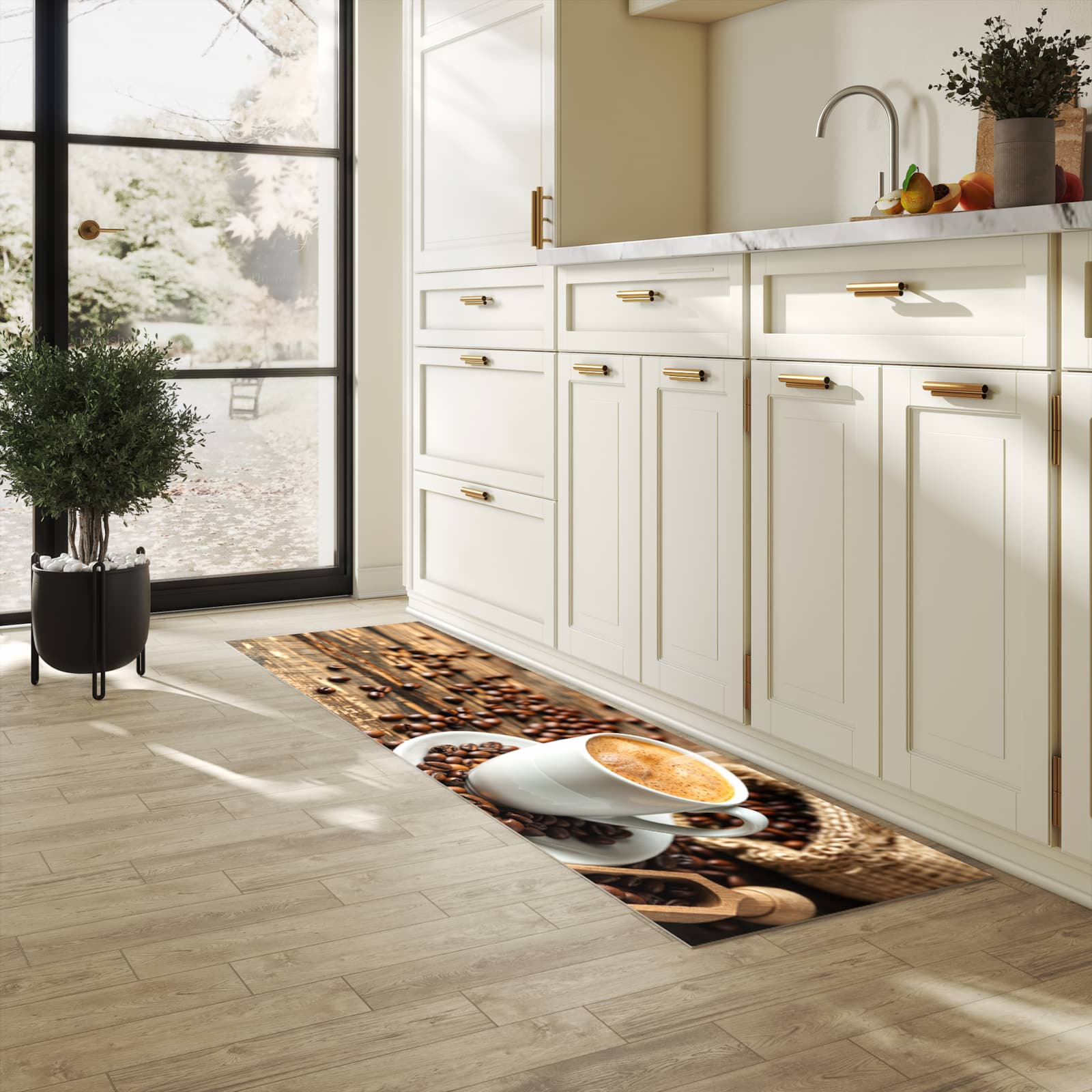 Wasserabweisender waschbarer Küchenläufer mit Motiv Kaffee Geniessen in heller Küche