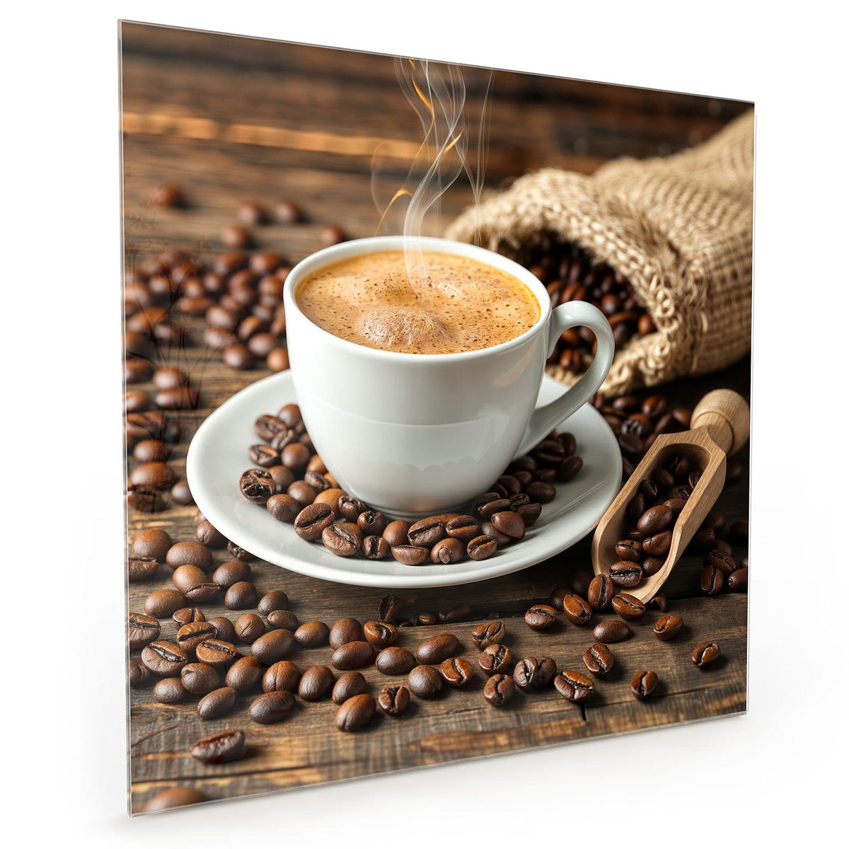 Küchenrückwand aus Glas im quadratischen Format mit Motiv Kaffee mit Holzschaufel: Dampfende weiße Tasse auf Untertasse, verstreute Bohnen #grösse_40 x 40 cm #grösse_50 x 50 cm #grösse_60 x 60 cm