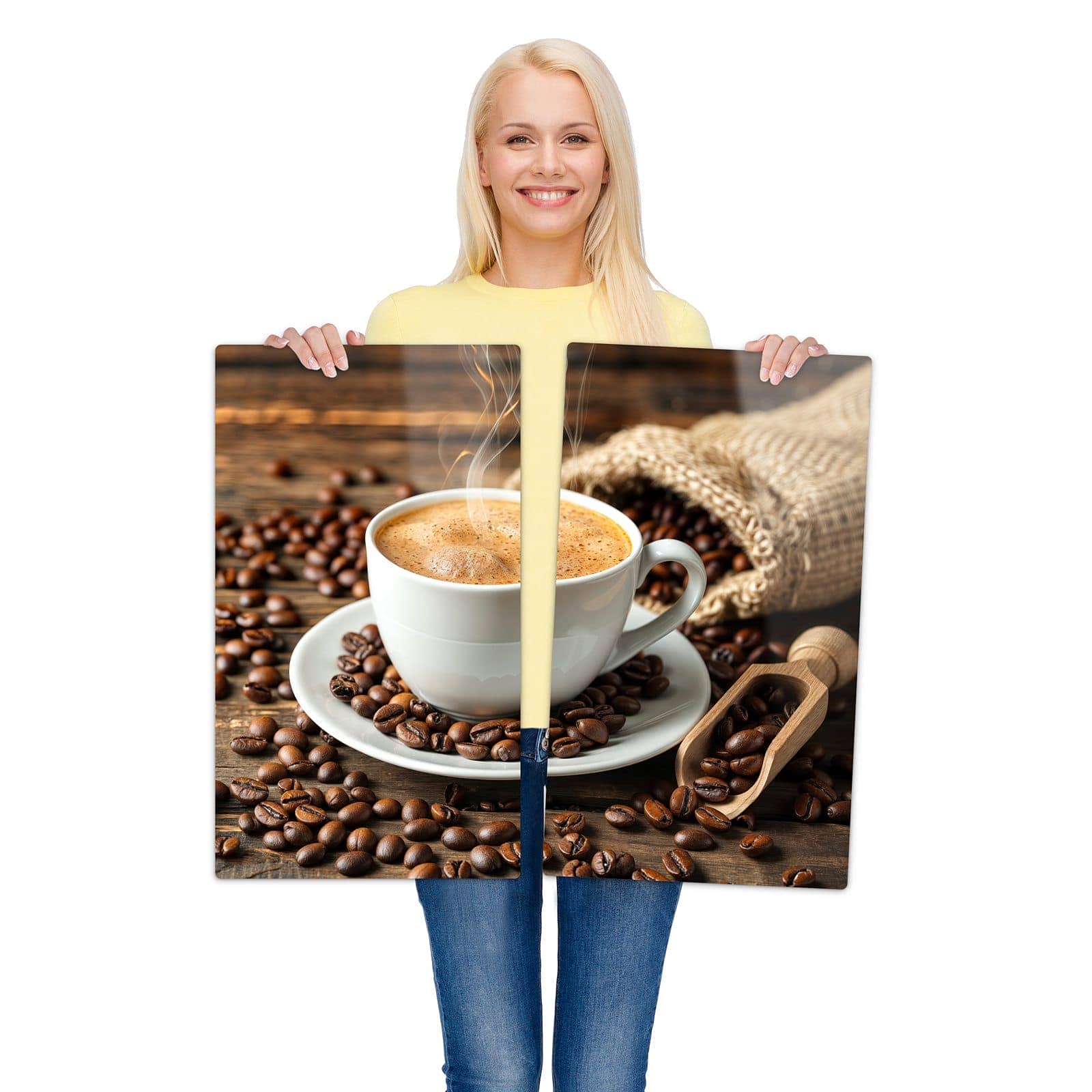2-teilige Abdeckung für Herdplatte mit Kaffee Geniessen-Motiv wird zur Größendarstellung gehalten
