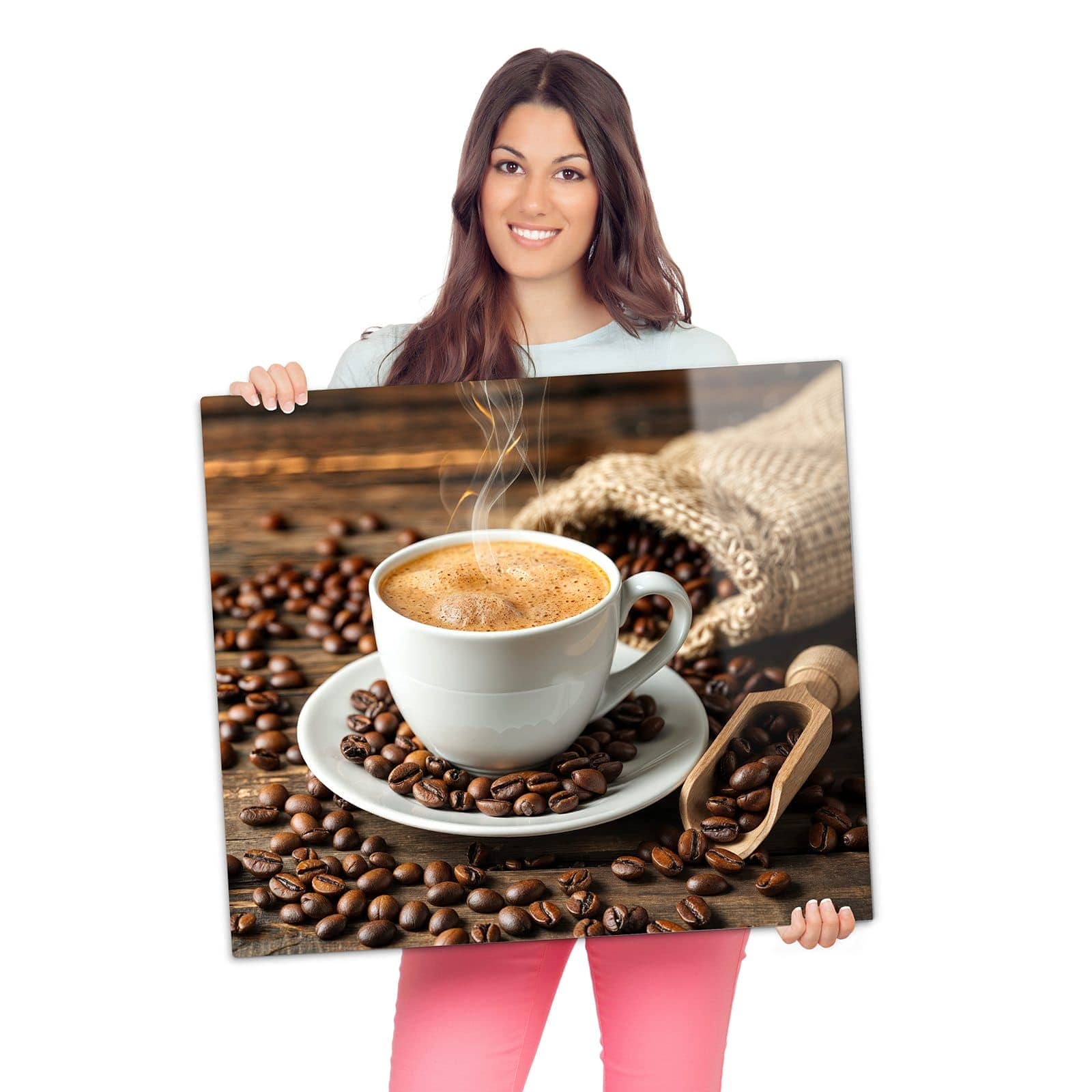 Herdabdeckung für Induktionsfeld mit Kaffee Geniessen-Motiv wird zur Größendarstellung gehalten