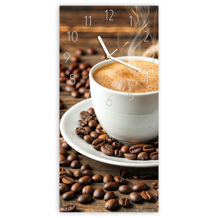 Wanduhr Kaffee Geniessen aus Glas – Hochformat 30 × 60 cm mit Ziffernblatt Elegant