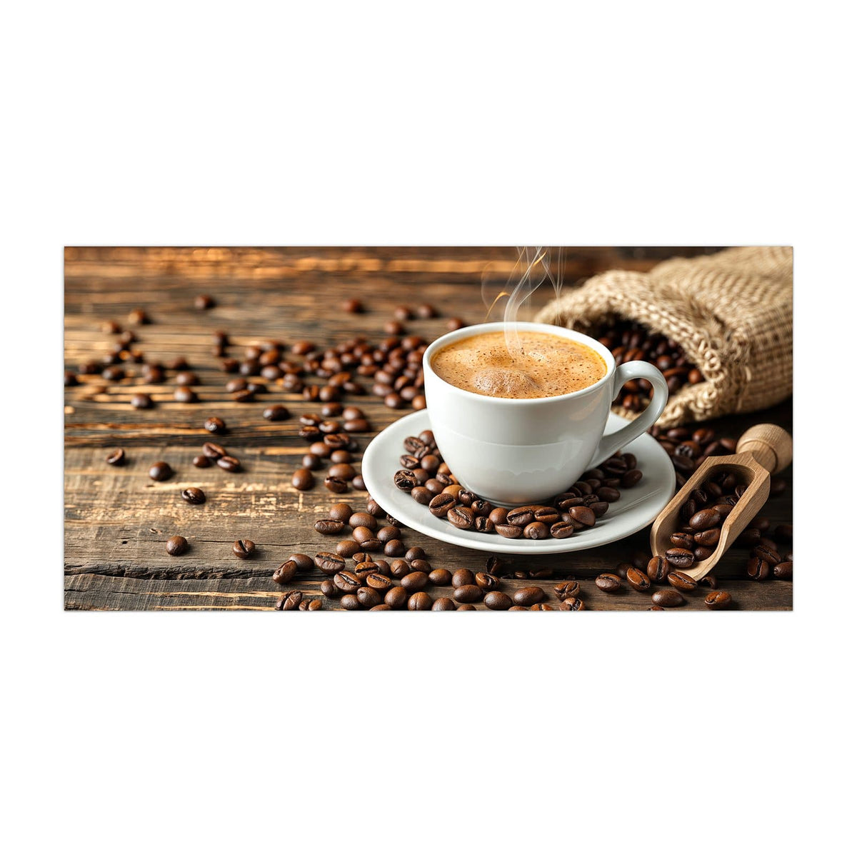 Küchenrückwand aus Glas Kaffee mit Holzschaufel im Hochformat, Motiv bildfüllend von vorn