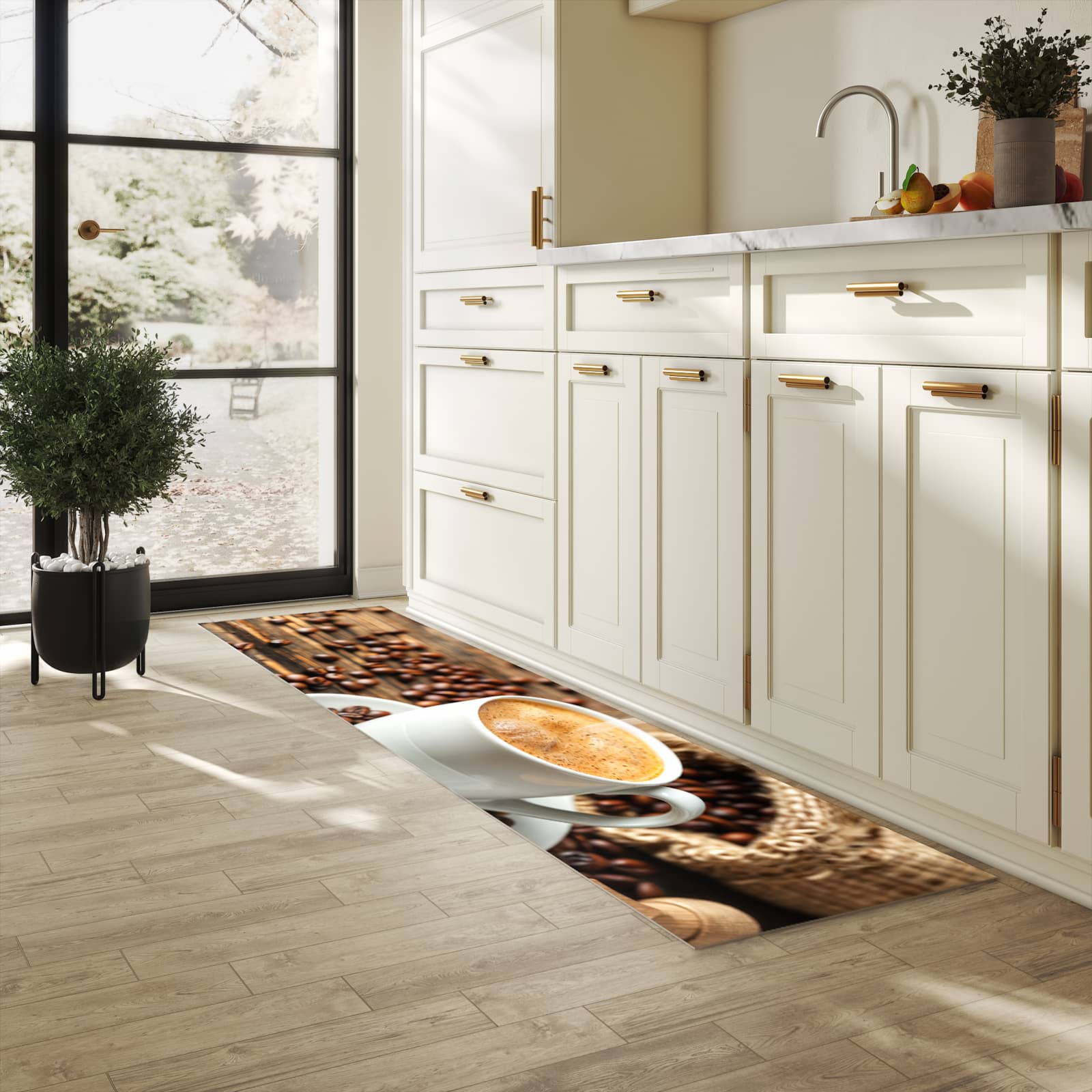 Fleckenresistenter rutschfester Küchenläufer mit Motiv Kaffee Geniessen in heller Küche