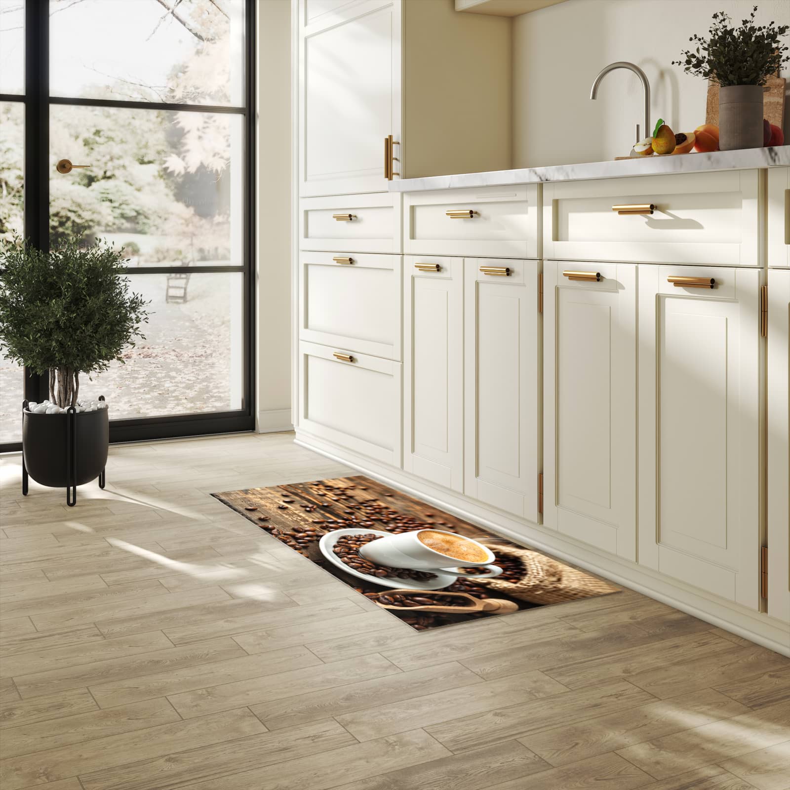 UV-beständiger rutschfester Küchenläufer mit Motiv Kaffee Geniessen in heller Küche