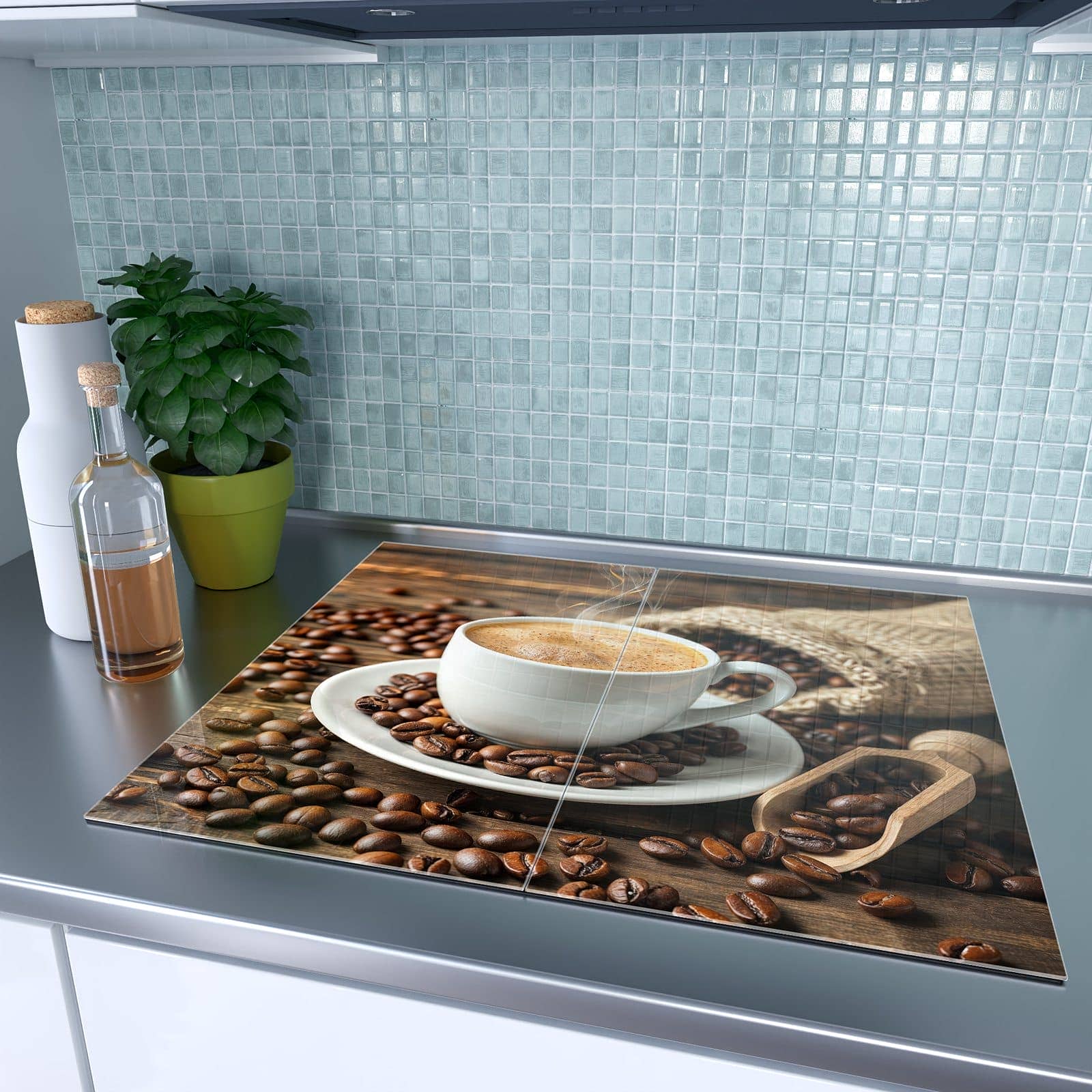 2-teilige Abdeckplatten für Ceranfeld mit Kaffee Geniessen-Motiv auf dem Ceranfeld