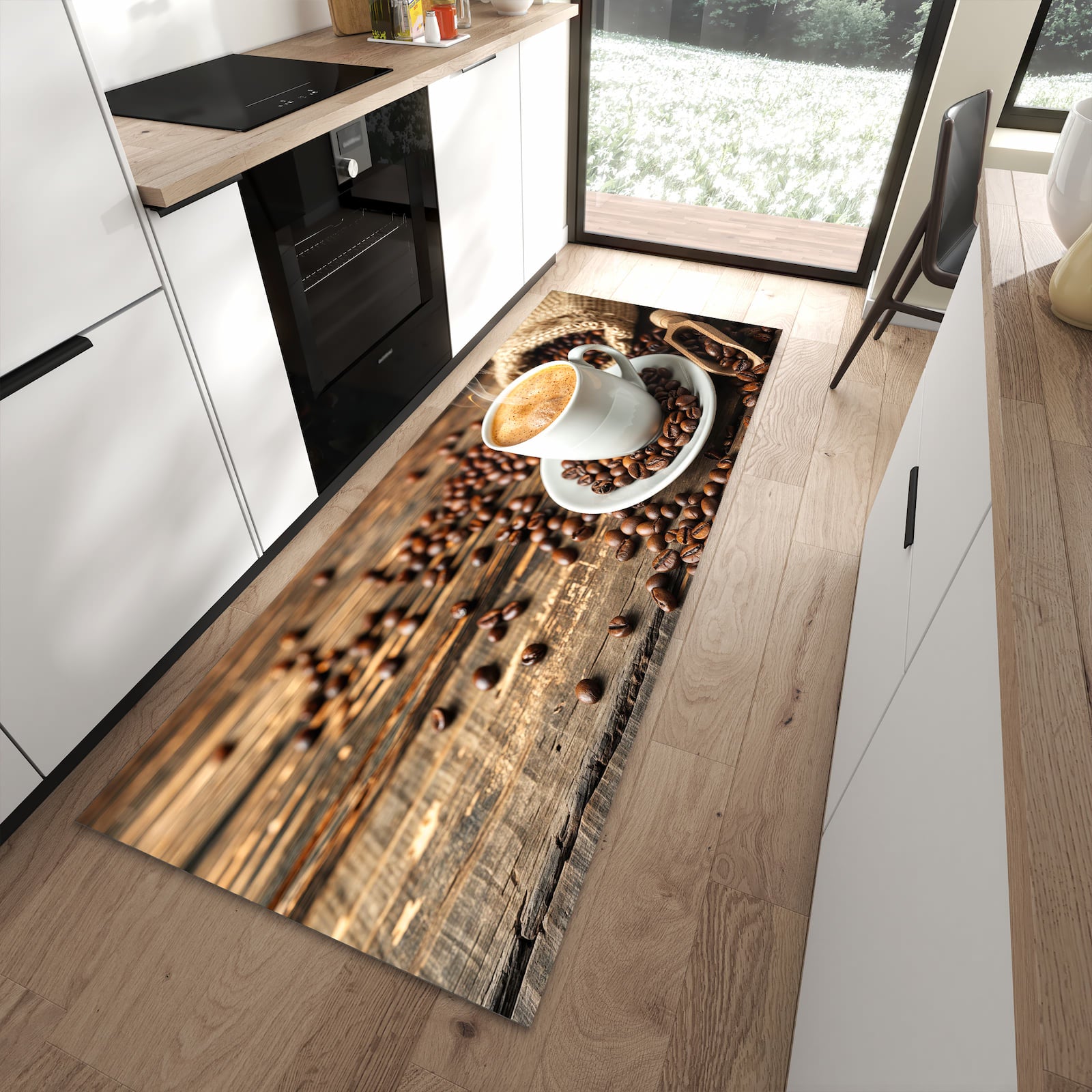 Rutschfester waschbarer Küchenläufer mit Motiv Kaffee Geniessen in moderner Küche
