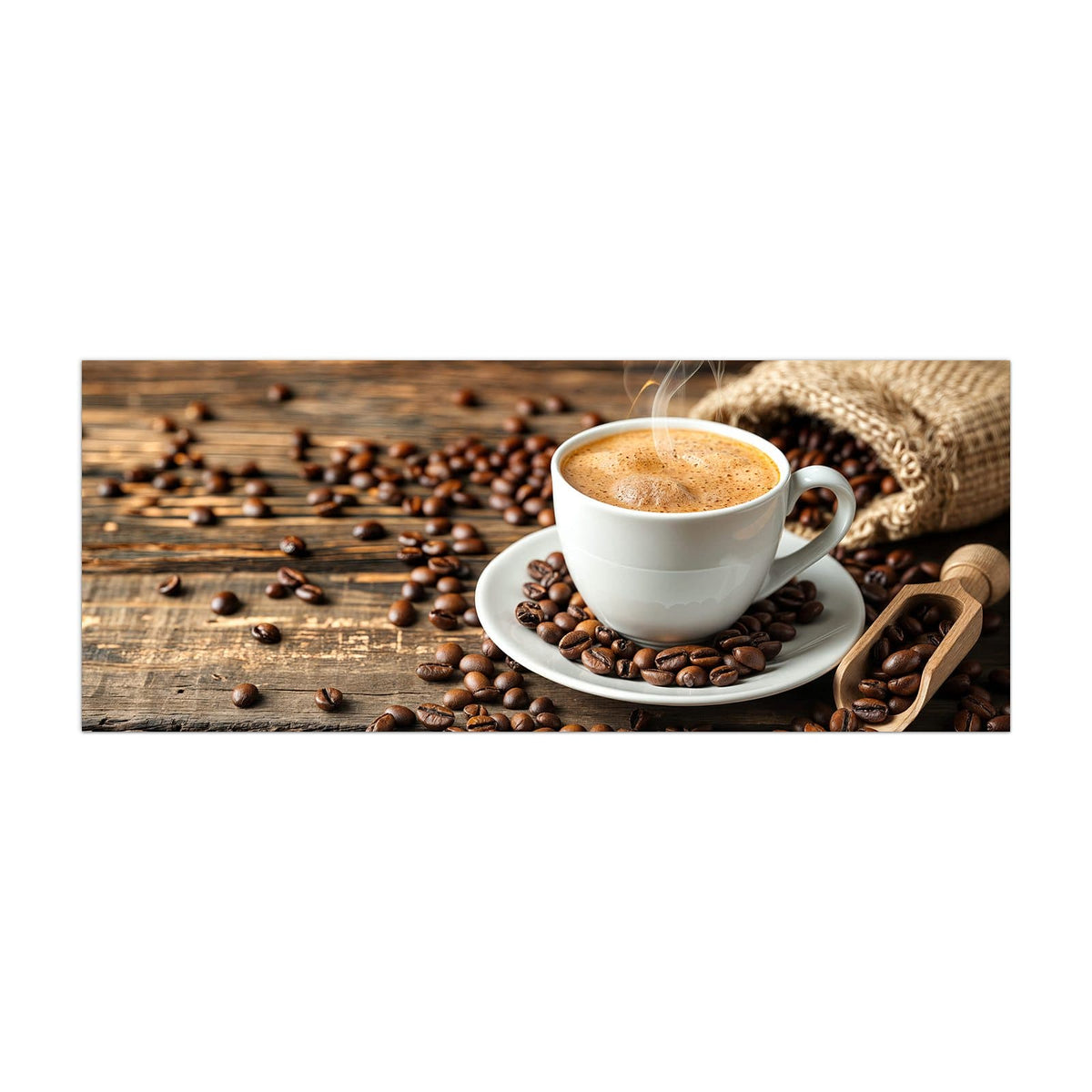 Küchenrückwand aus Glas Kaffee mit Holzschaufel im Hochformat, Motiv bildfüllend von vorn