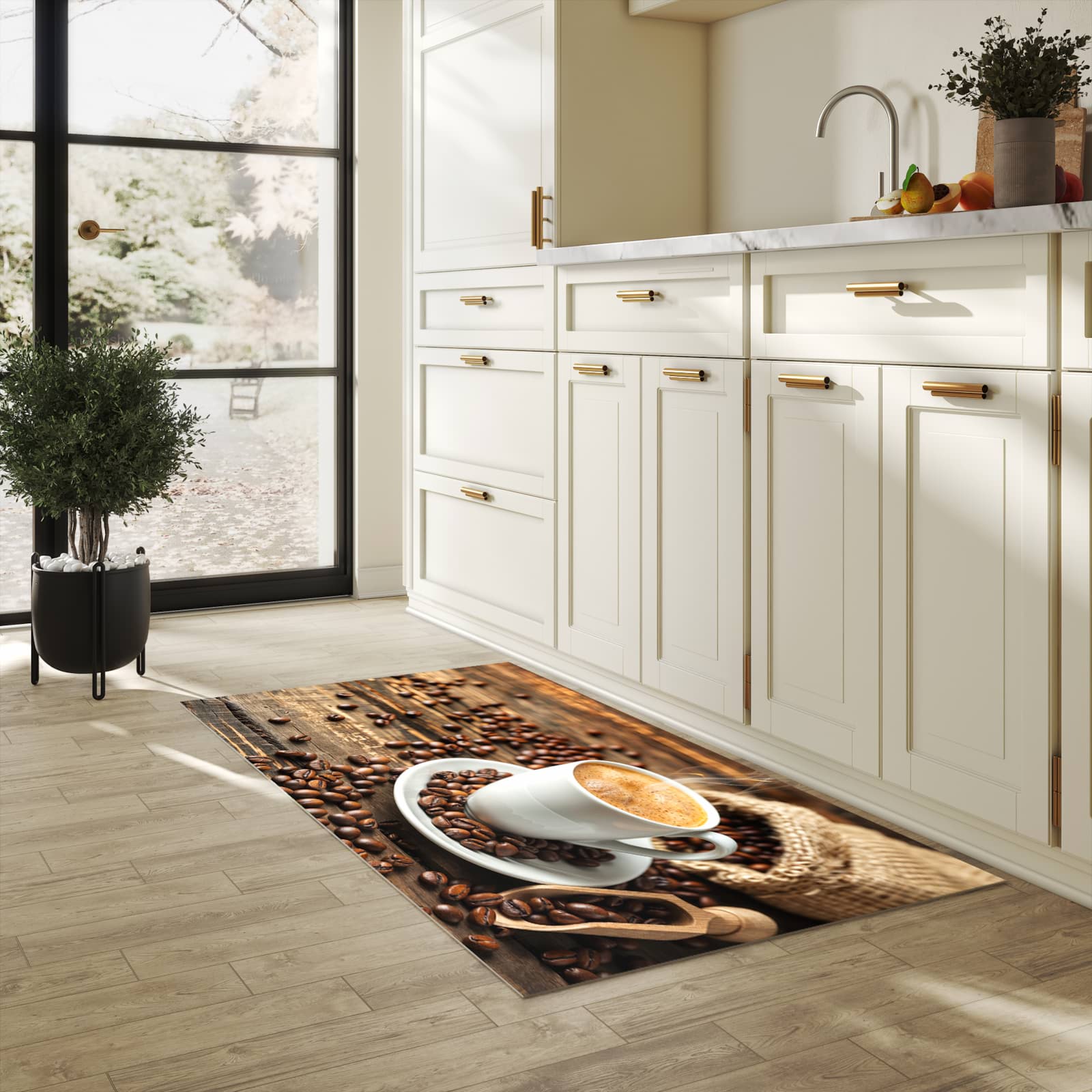 Rutschfester Küchenläufer mit Motiv Kaffee Geniessen in heller Küche