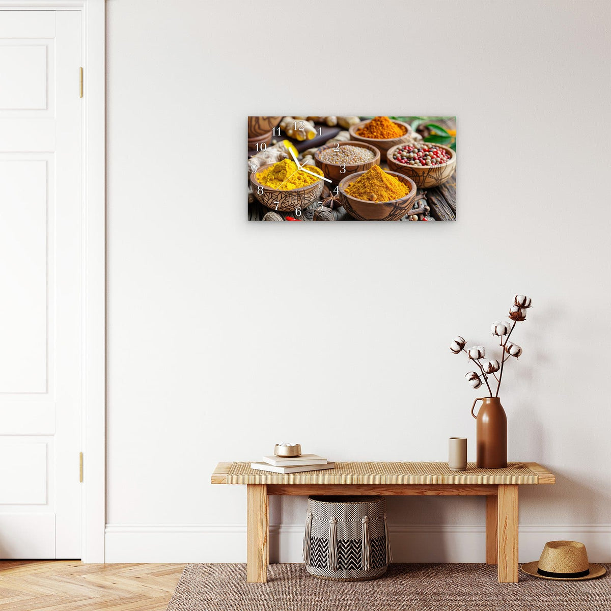 Moderne Wanduhr aus Glas mit Farbtiefe – Wanduhr Gewürze in Schalen aus Glas – Querformat 60 × 30 cm