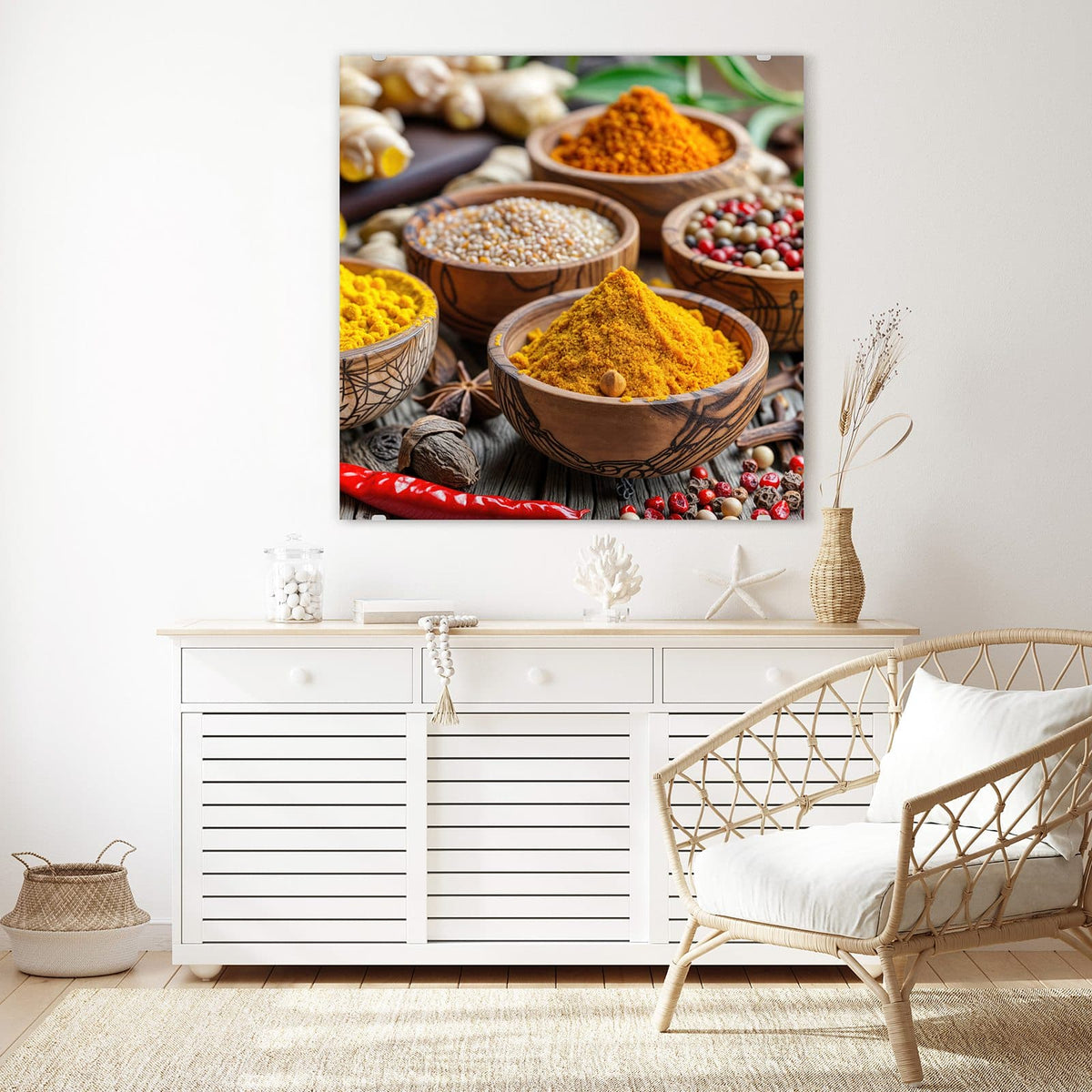 Echtglas, 4 mm – kein Acryl, keine Folie – Wandbild - Kurkuma und Pfeffer - Quadratisch