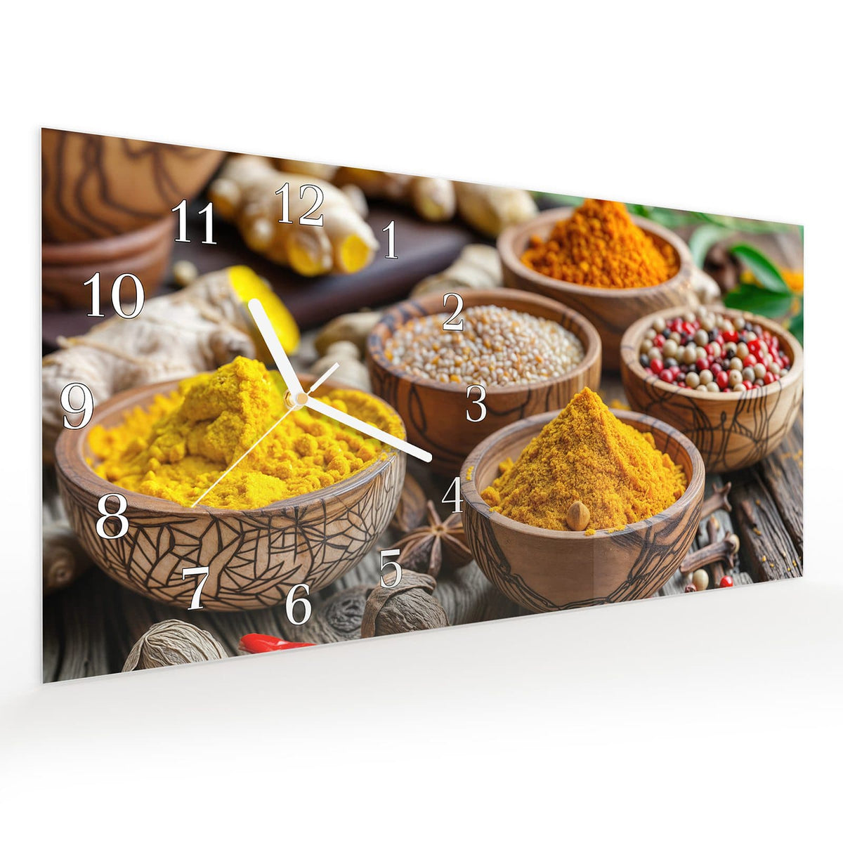 Vormontiert – mit Schwebeeffekt – Wanduhr Gewürze in Schalen aus Glas – Querformat 60 × 30 cm