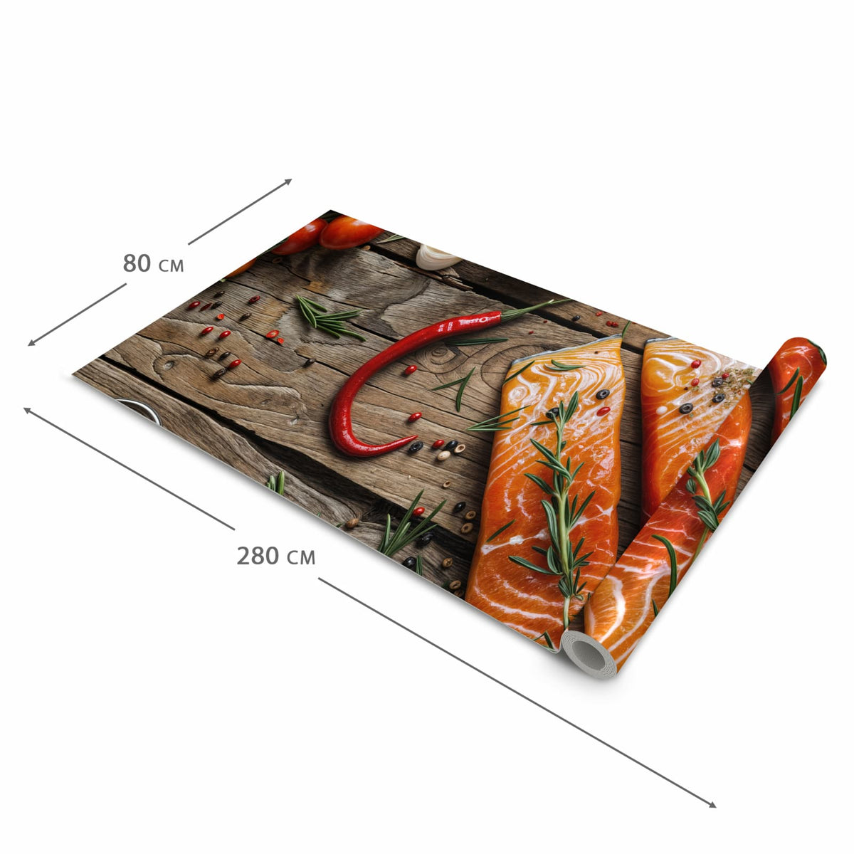 Waschbarer Küchenteppich mit Motiv Lachsfilets in der Grösse 90x180 cm