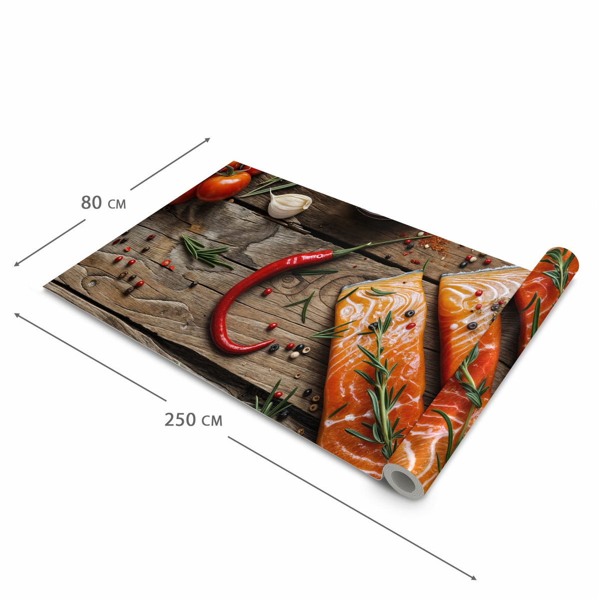 Strapazierfähiger Küchenteppich mit Motiv Lachsfilets in der Grösse 90x180 cm