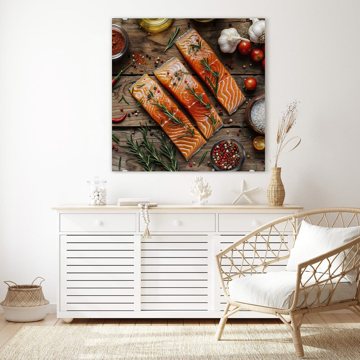 Echtglas, 4 mm – kein Acryl, keine Folie – Wandbild - Lachsfilets - Quadratisch