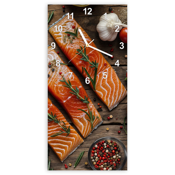 Wanduhr Lachsfilets aus Glas – Hochformat 30 × 60 cm mit Ziffernblatt Modern