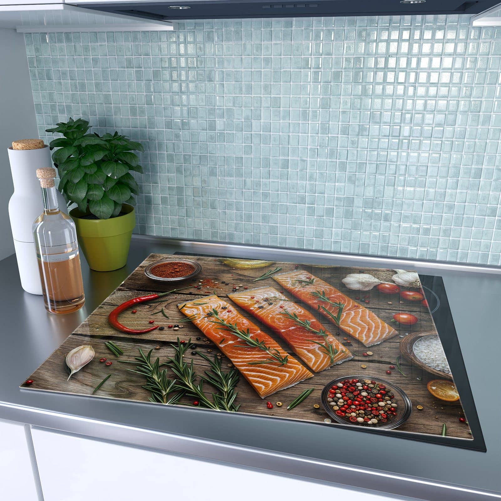 1-teilige Ceranfeld Abdeckplatten mit Lachsfilets-Motiv auf dem Ceranfeld