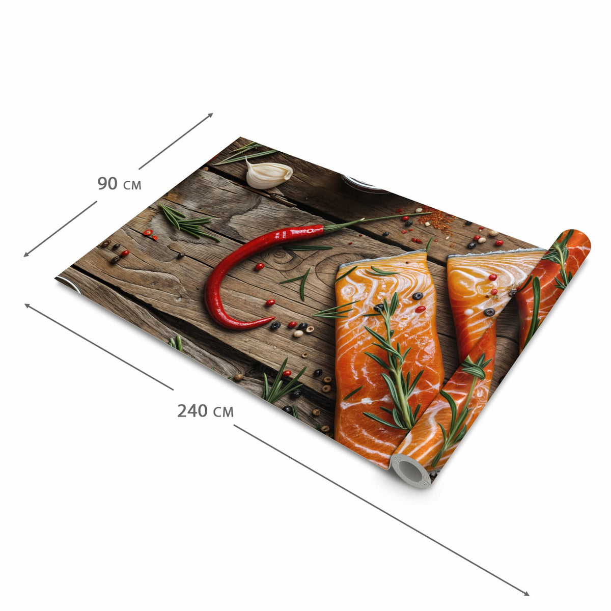 Feuchtigkeitsresistenter Küchenteppich mit Motiv Lachsfilets in der Grösse 90x180 cm