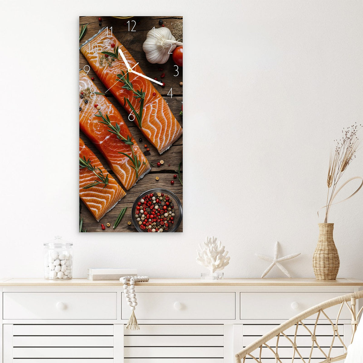 Wanduhr Lachsfilets aus Glas – Lachs mit Rosmarin und Tomaten